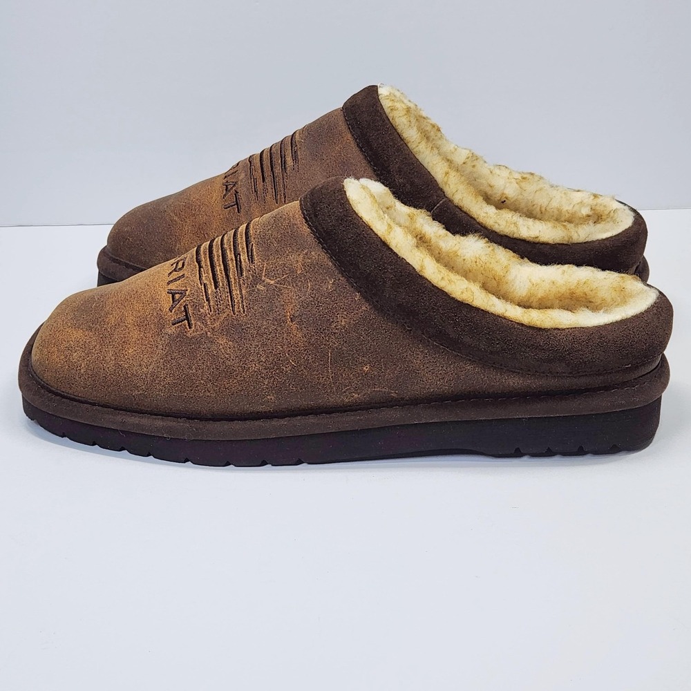 Ariat Shoes Mens Size 10 Brown Leather Faux Fur Mule Slippers Flag AR2692-200 - Picture 7 of 15